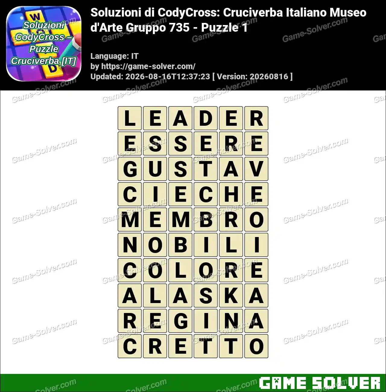 Soluzioni di CodyCross: Cruciverba Italiano Museo d’Arte Gruppo 735 – Puzzle 1